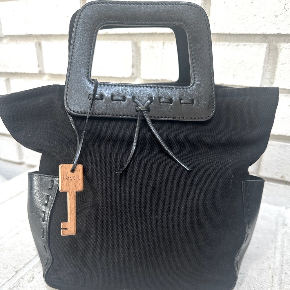 Fossil Black Canvas Leather Trim Satchel Bag Y2K Square Handles Crossbody Key